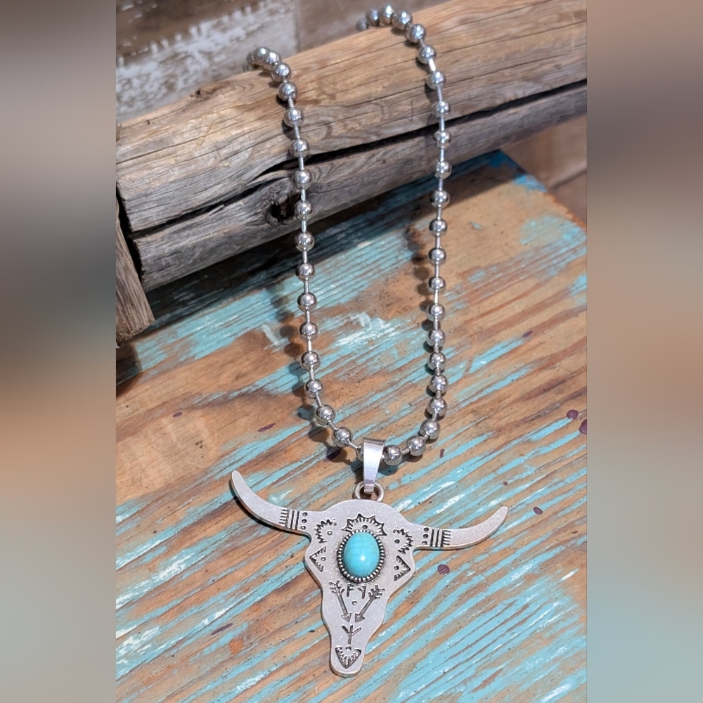 New Handcrafted Silver Tone Steer With Turquoise Color Stone On Ball Chain